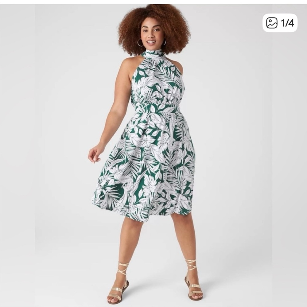 Size 22/24- Lane Bryant Green and White Midi Halter Dress